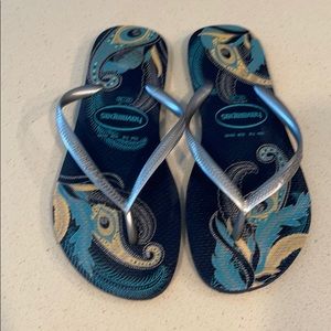 Havaianas sandals, blue and silver. Size 7/8.